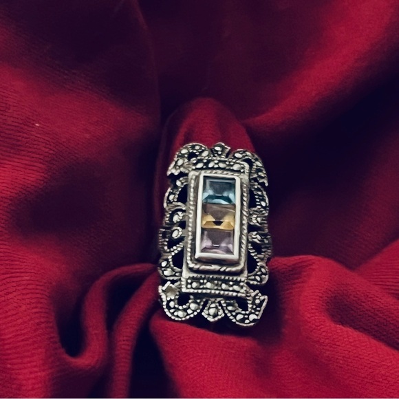 Vintage Sterling 925 Three Stone Art Deco Style Filigree Marcasites size 5.75 - Picture 5 of 10